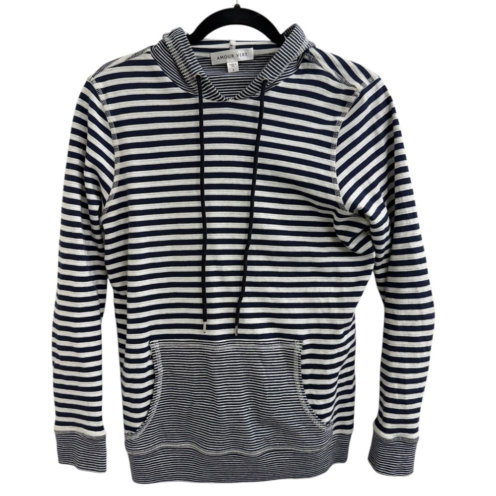 Amour Vert Women’s Striped Organic Cotton Hoodie Navy Blue Size Small